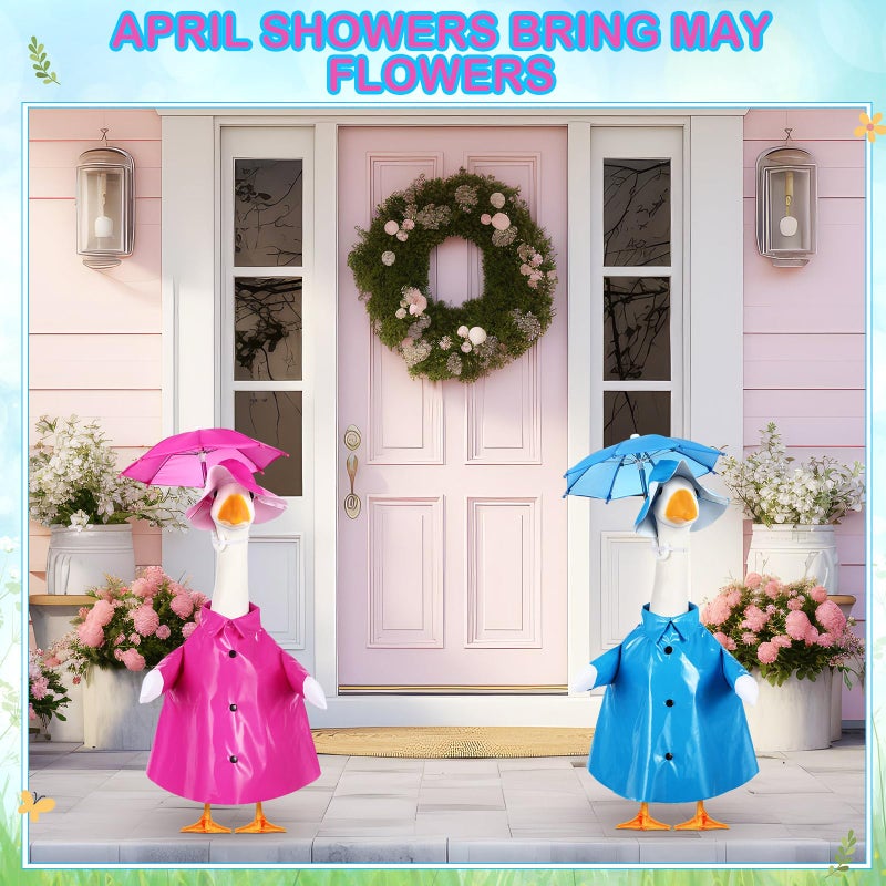 Yeyeplum 2 Set Porch Goose Outfit Raincoat and Umbrella Spring Lawn Porch Goose Cloths Costume Raincoat Outfit for Spring Outdoor Patio Yard Lawn Decoration(23 Inches,Blue and Rose Red) - Image 4