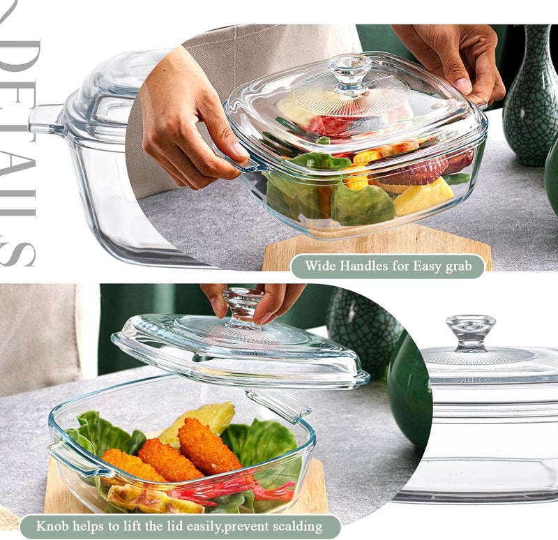 BINZO Glass Square Casserole, 1000 ml, 1 Litre, Big Large Size Dish with Glass Lid, Pack of 1, Microwave Oven Safe, Serving Casseroles for Sabzi - Image 4