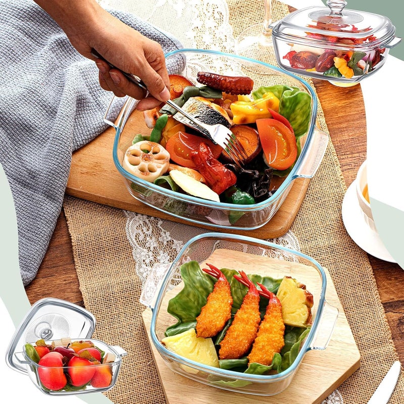 BINZO Glass Square Casserole, 1000 ml, 1 Litre, Big Large Size Dish with Glass Lid, Pack of 1, Microwave Oven Safe, Serving Casseroles for Sabzi - Image 5