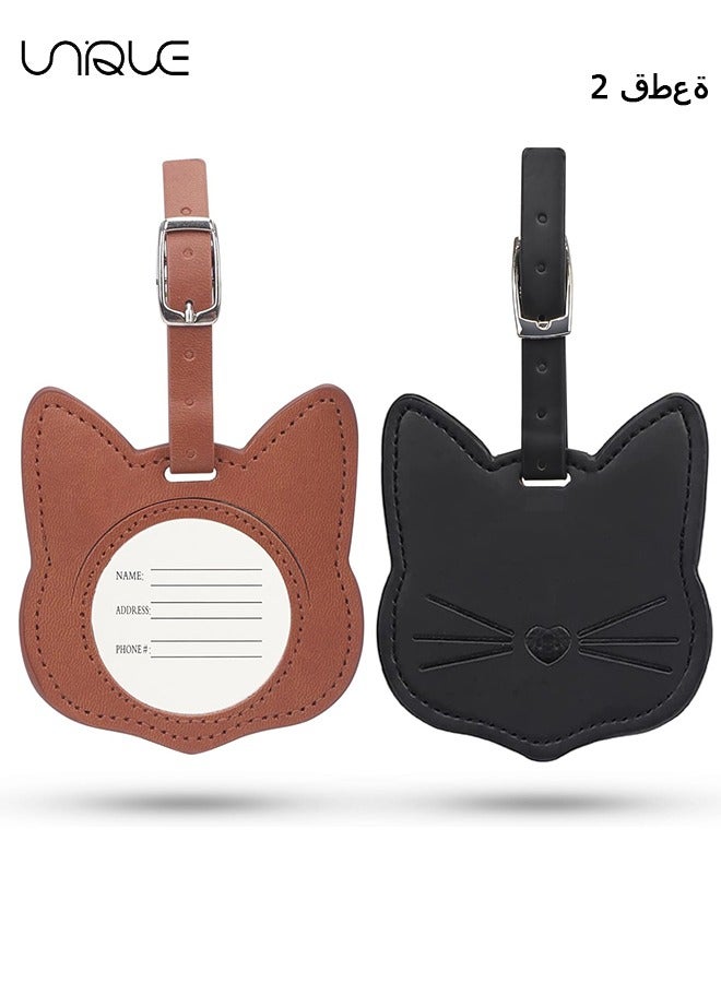 Unique 2-Pack Luggage Tags, Cute Cat Shape PU Leather Luggage Tags, with Adjustable Strap Name ID Card Cute Children's Travel Bag Tags Travel Accessories Airplane, Black & Brown - Image 1