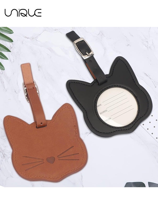 Unique 2-Pack Luggage Tags, Cute Cat Shape PU Leather Luggage Tags, with Adjustable Strap Name ID Card Cute Children's Travel Bag Tags Travel Accessories Airplane, Black & Brown - Image 4