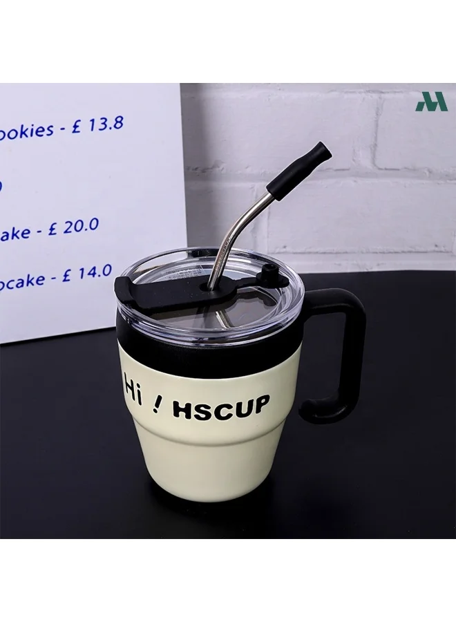Mobcos Black Coffee Mug 450ml Coffee Mug with Handle, 450ML Double-Wall Vacuum Travel Coffee Mug with Straw, Stainless Steel Insulated Tumbler Cup, Travel Coffee Cup Thermal Cup for Home and Office, Black  | Best Price UAE
