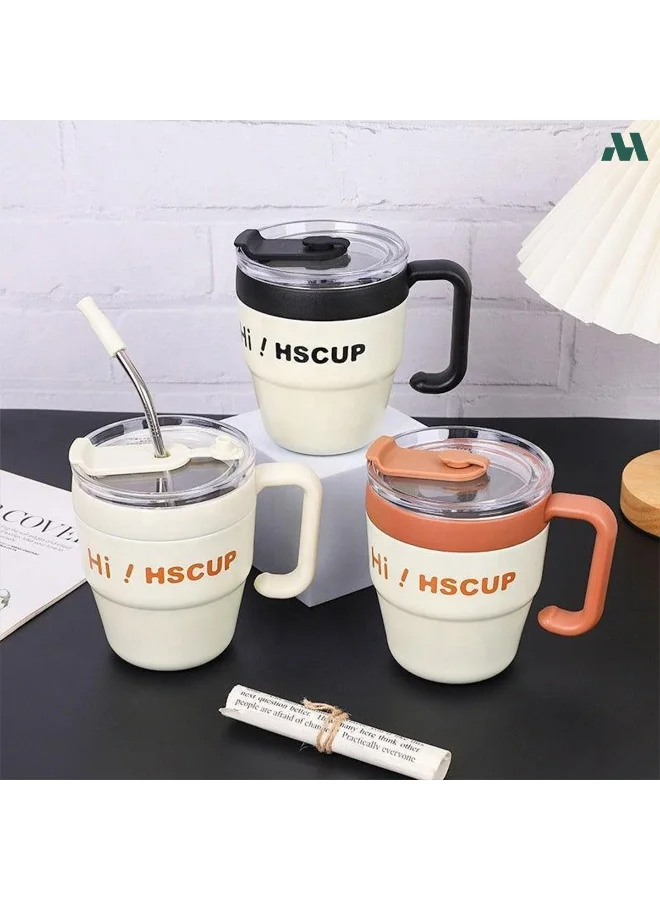 Mobcos Black Coffee Mug 450ml Coffee Mug with Handle, 450ML Double-Wall Vacuum Travel Coffee Mug with Straw, Stainless Steel Insulated Tumbler Cup, Travel Coffee Cup Thermal Cup for Home and Office, Black  | Best Price UAE