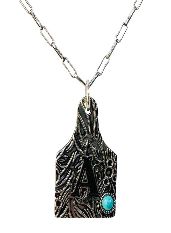 Wonderent Western Boho Cattle Tag Letter A-Z with Turquoise Pendant Initial Monogram Necklace (A) - Image 2