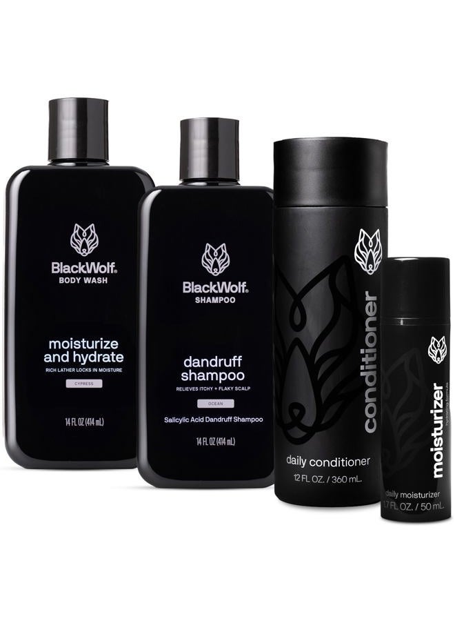 Black Wolf 7-Piece Skincare Gift Set for Men - Face Wash, Face Scrub, Body Wash, Moisturizer, Eye Gel, Scrubber, & Toiletry Bag - Charcoal Powder & Salicylic Acid Skin Cleansing for All Skin Types - Image 1