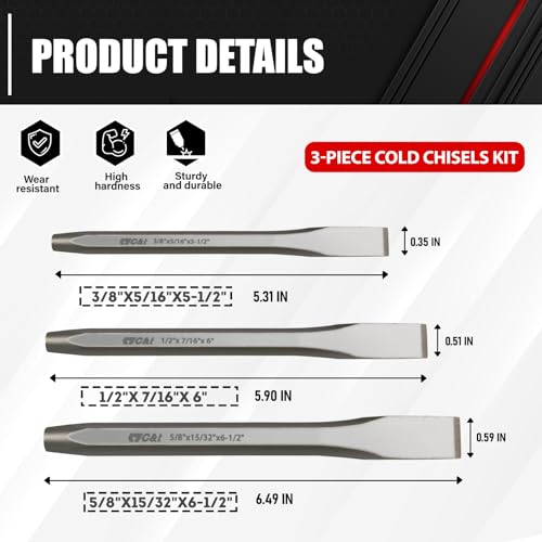 ct C&T 3-Piece Heavy Duty All Purpose Cold Chisels Kit, 3/8, 1/2, 5/8 in, for Carpentry, Metalwork, Woodwork & Masonry work - Image 4