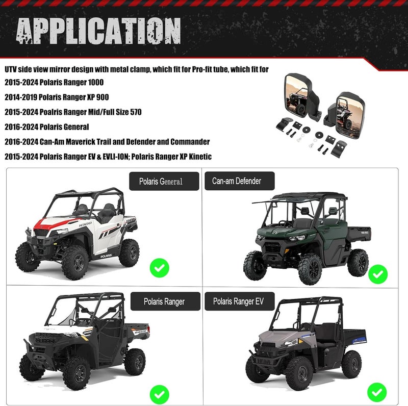 SUNPIE UTV Side View Mirrors for Polaris Ranger and Can-Am Models - Image 2