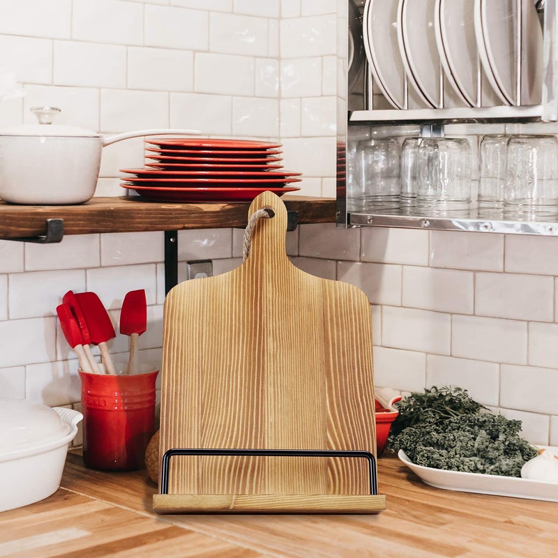 Soligt Cookbook Stand for Kitchen Counter Adjustable iPad Tablet Recipe Book Holder Rustic Wood Cutting Board Style - Brown - Image 2