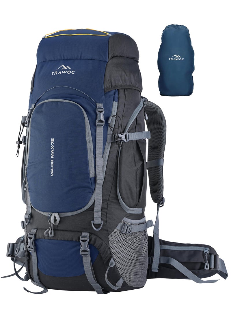 TRAWOC VALOR MAX 75 Ltr Travel Backpack Camping Hiking Trekking Bag Rucksack for Men & Women with Rain Cover/Shoe Compartment, Navy Blue, 3 Year Warranty - Image 1