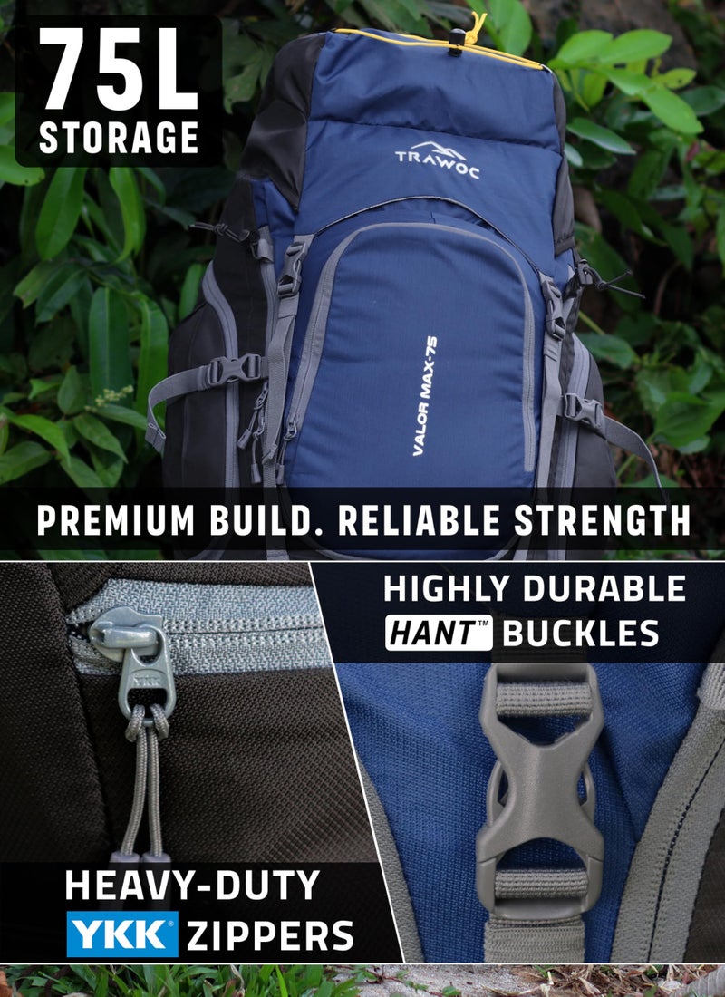 TRAWOC VALOR MAX 75 Ltr Travel Backpack Camping Hiking Trekking Bag Rucksack for Men & Women with Rain Cover/Shoe Compartment, Navy Blue, 3 Year Warranty - Image 2
