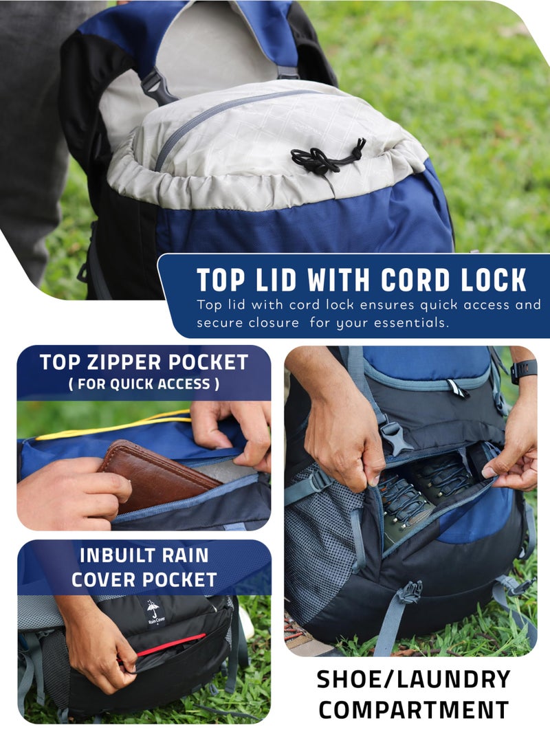 TRAWOC VALOR MAX 75 Ltr Travel Backpack Camping Hiking Trekking Bag Rucksack for Men & Women with Rain Cover/Shoe Compartment, Navy Blue, 3 Year Warranty - Image 3