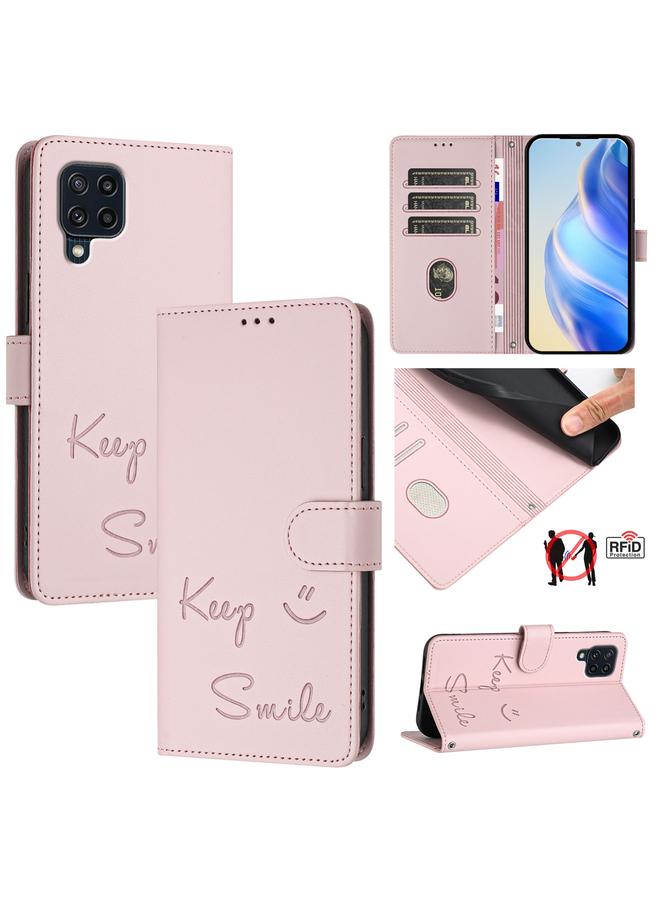 S-TOP Case For Samsung Galaxy M32 4G / M22 Smile Embossing RFID Leather Phone Case - Image 1