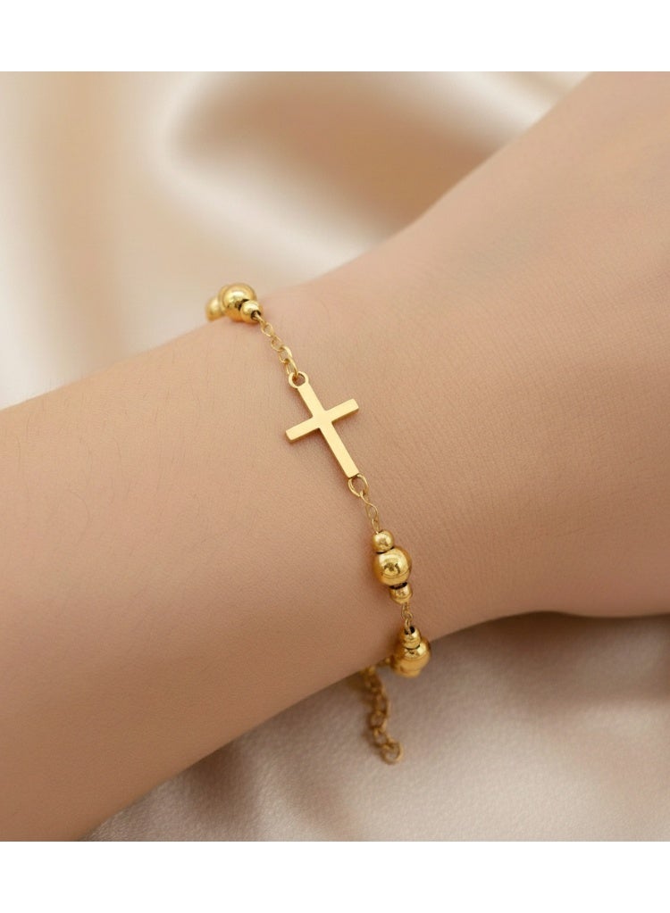 Gold-Tone Stainless Steel Rosary Bracelet – Elegant 3mm & 5mm Beads with Cross Charm - Image 1