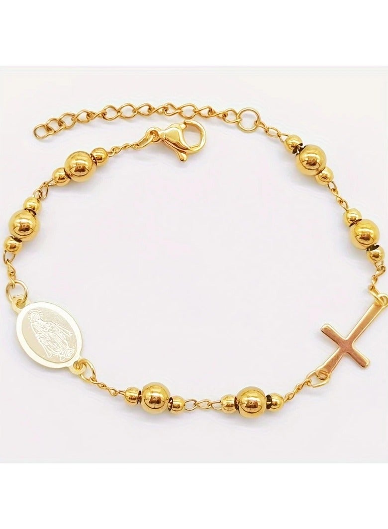 Gold-Tone Stainless Steel Rosary Bracelet – Elegant 3mm & 5mm Beads with Cross Charm - Image 4