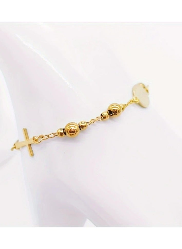 Gold-Tone Stainless Steel Rosary Bracelet – Elegant 3mm & 5mm Beads with Cross Charm - Image 5