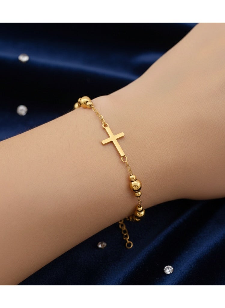 Gold-Tone Stainless Steel Rosary Bracelet – Elegant 3mm & 5mm Beads with Cross Charm - Image 3