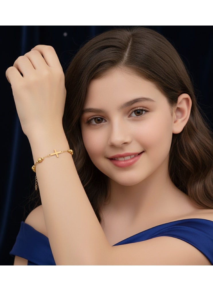 Gold-Tone Stainless Steel Rosary Bracelet – Elegant 3mm & 5mm Beads with Cross Charm - Image 2