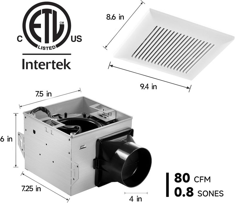 Tech Drive Bathroom Exhaust Fan 80 CFM, 0.8 Sone, 4-Inch Duct,No Attic Access Needed,Super Quiet Ventilation Fan, Easy to Install Ceiling Mounted, White, ETL Certified - Image 2
