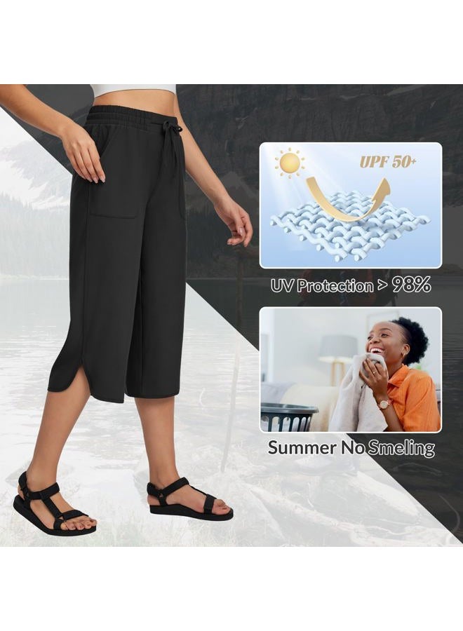BALEAF Women's Hiking Pants Capri Wide Leg Lightweight Pants Plus Size UPF50+ Quick Dry Casual Sweatpants Walking Black 3XL - Image 3