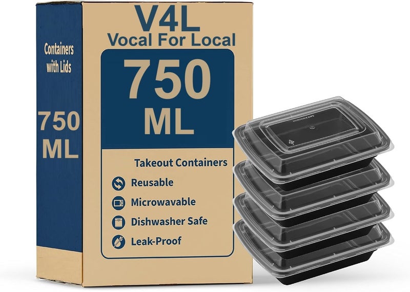 V4L Black Takeout Food Containers Food Storage Containers With Lids Freezer Safe | Meal Prep | Microwavable Dishwasher | Leakproof | BPA Free (750ml Pack of 10) - Image 1