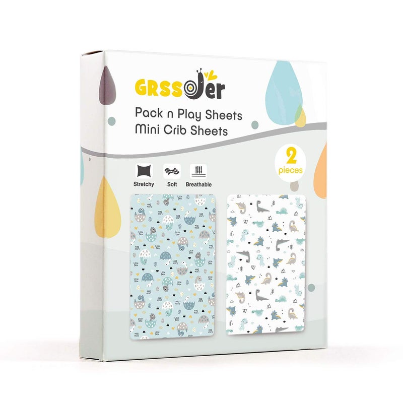 GRSSDER مجموعة شراشف GRSSDER القابلة للتمدد من جيرسي الناعم للغاية، مجموعة من 2، شراشف سرير محمولة/ميني للأطفال، تناسب عالمي لأسرة Pack N Play، آمنة ومريحة، ديناصورات سعيدة للأطفال - Image 2