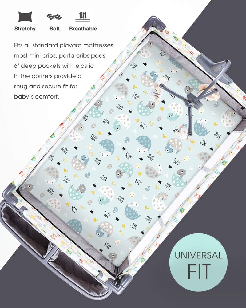 GRSSDER مجموعة شراشف GRSSDER القابلة للتمدد من جيرسي الناعم للغاية، مجموعة من 2، شراشف سرير محمولة/ميني للأطفال، تناسب عالمي لأسرة Pack N Play، آمنة ومريحة، ديناصورات سعيدة للأطفال - Image 3