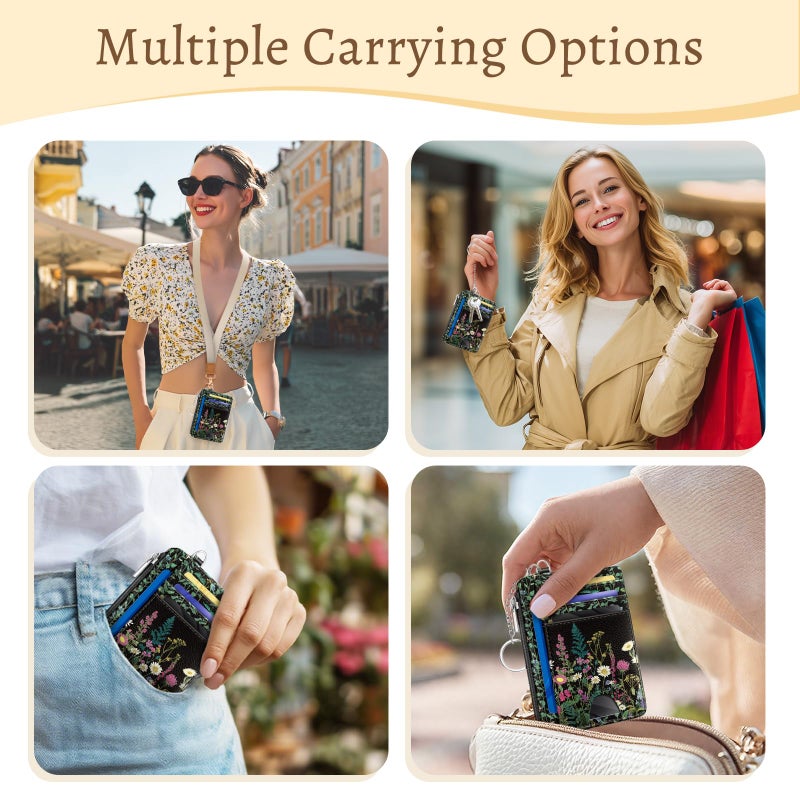 Kelvoris Wildflower Credit Card Holder Small Wallet Women, Flowers Slim RFID Blocking Wallet Woman Keychain with Zipper Coin Pocket, Front Pocket Thin Travel Card Case with ID Window for Ladies Gifts - Image 2
