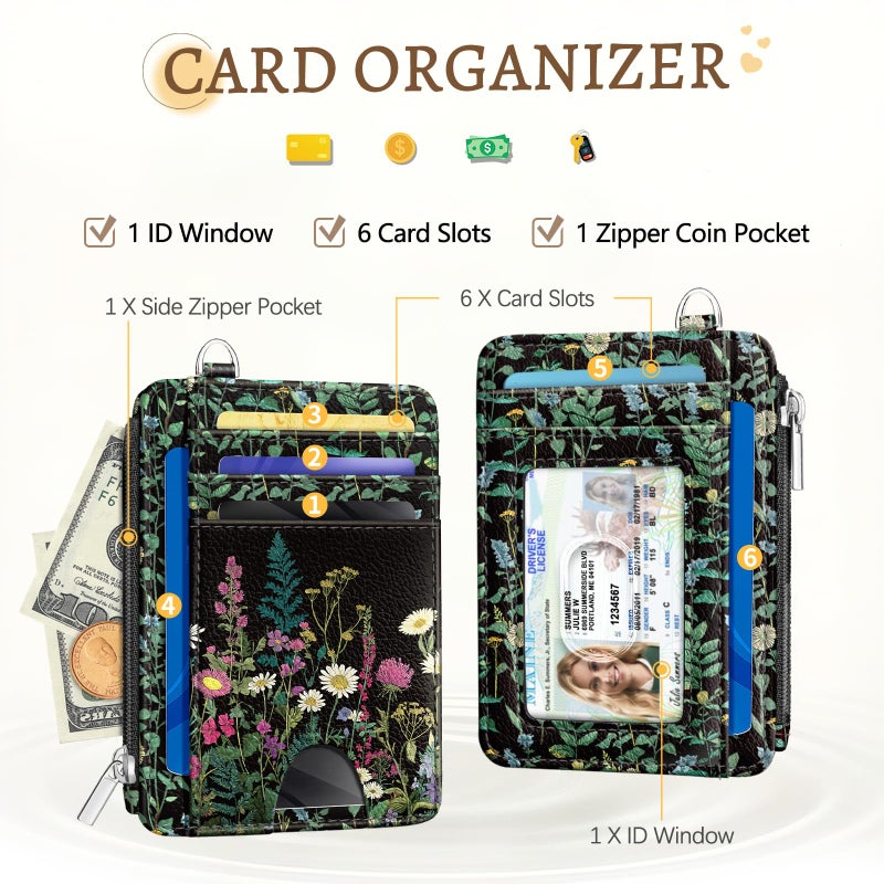 Kelvoris Wildflower Credit Card Holder Small Wallet Women, Flowers Slim RFID Blocking Wallet Woman Keychain with Zipper Coin Pocket, Front Pocket Thin Travel Card Case with ID Window for Ladies Gifts - Image 3