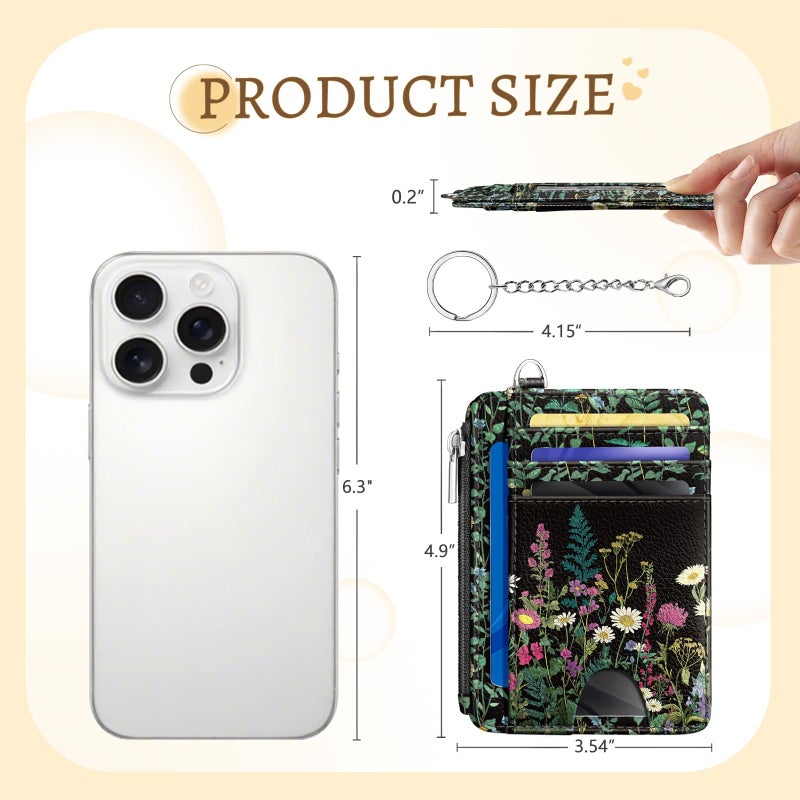 Kelvoris Wildflower Credit Card Holder Small Wallet Women, Flowers Slim RFID Blocking Wallet Woman Keychain with Zipper Coin Pocket, Front Pocket Thin Travel Card Case with ID Window for Ladies Gifts - Image 5