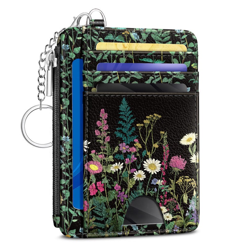 Kelvoris Wildflower Credit Card Holder Small Wallet Women, Flowers Slim RFID Blocking Wallet Woman Keychain with Zipper Coin Pocket, Front Pocket Thin Travel Card Case with ID Window for Ladies Gifts - Image 1