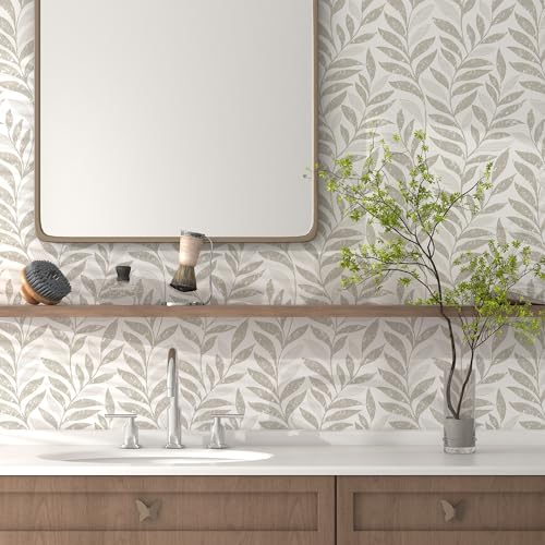 HELLKIT Leaf Peel and Stick Wallpaper Boho 17.3" X 78.8" Beige and White Wallpaper Self Adhesive Removable Wall Paper for Bathroom Kitchen Wallpapers Leaf Contact Paper for Walls Vinyl Roll - Image 5