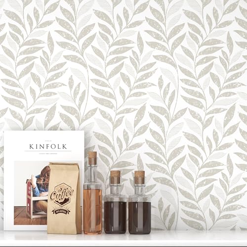 HELLKIT Leaf Peel and Stick Wallpaper Boho 17.3" X 78.8" Beige and White Wallpaper Self Adhesive Removable Wall Paper for Bathroom Kitchen Wallpapers Leaf Contact Paper for Walls Vinyl Roll - Image 1