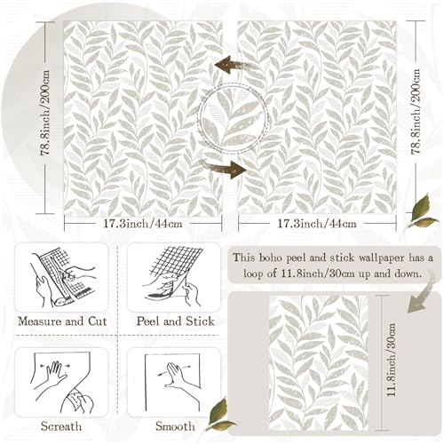HELLKIT Leaf Peel and Stick Wallpaper Boho 17.3" X 78.8" Beige and White Wallpaper Self Adhesive Removable Wall Paper for Bathroom Kitchen Wallpapers Leaf Contact Paper for Walls Vinyl Roll - Image 3