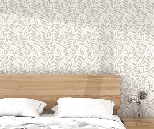 HELLKIT Leaf Peel and Stick Wallpaper Boho 17.3" X 78.8" Beige and White Wallpaper Self Adhesive Removable Wall Paper for Bathroom Kitchen Wallpapers Leaf Contact Paper for Walls Vinyl Roll - Image 2