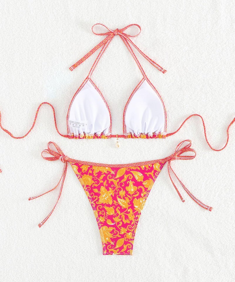 Tainehs Women's Sexy Halter Bikini Set Triangle Top String Swimwear Two Piece Swimsuits Cheeky Bathing Suit Orange Flower - Image 5