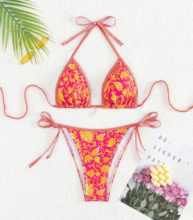 Tainehs Women's Sexy Halter Bikini Set Triangle Top String Swimwear Two Piece Swimsuits Cheeky Bathing Suit Orange Flower - Image 4
