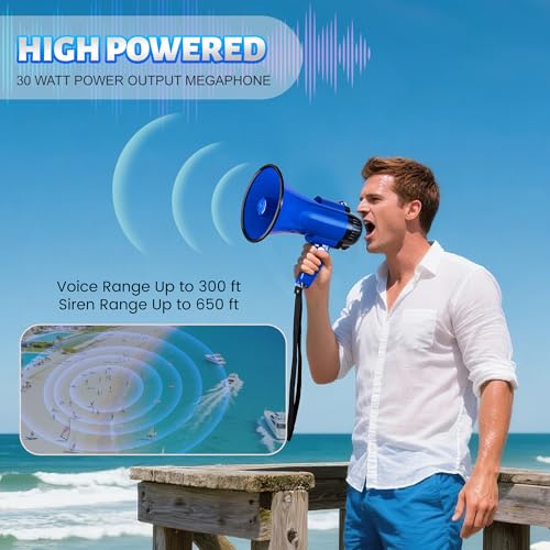 Loudmore 30 Watt Power Portable Megaphone Bullhorn Speaker Voice, Siren/Alarm and 240S Recording with Volume Control and Strap (Blue) - Image 4