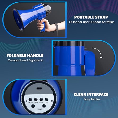 Loudmore 30 Watt Power Portable Megaphone Bullhorn Speaker Voice, Siren/Alarm and 240S Recording with Volume Control and Strap (Blue) - Image 3