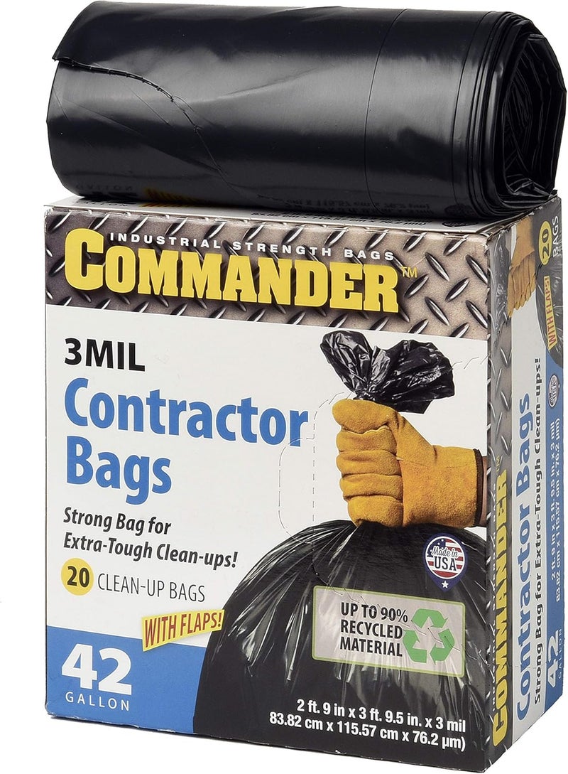 Commander 42 Gallon 3 MIL Black Heavy Duty Contractor Bags - 33" x 45" - Pack of 20 - For Contractor, Industrial, & Commercial - Image 1