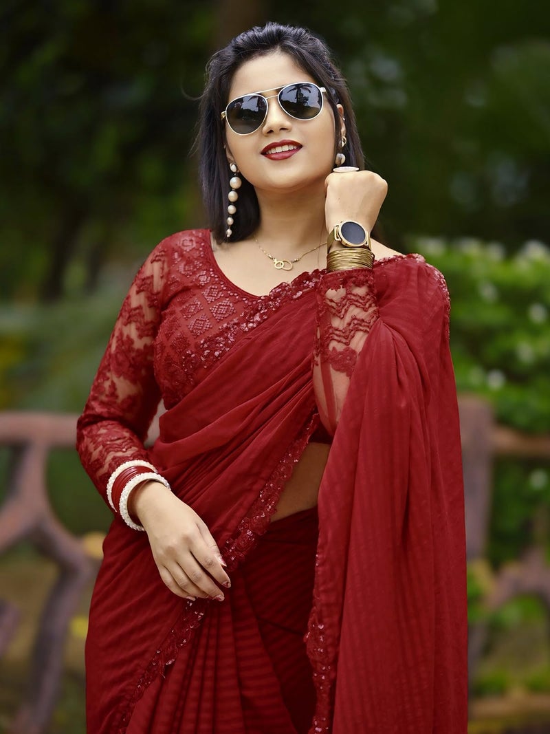 Satrani Women's Georgette Self Woven & Lace Work Saree with Unstitched Blouse Piece (2992S2671_Red) - Image 4
