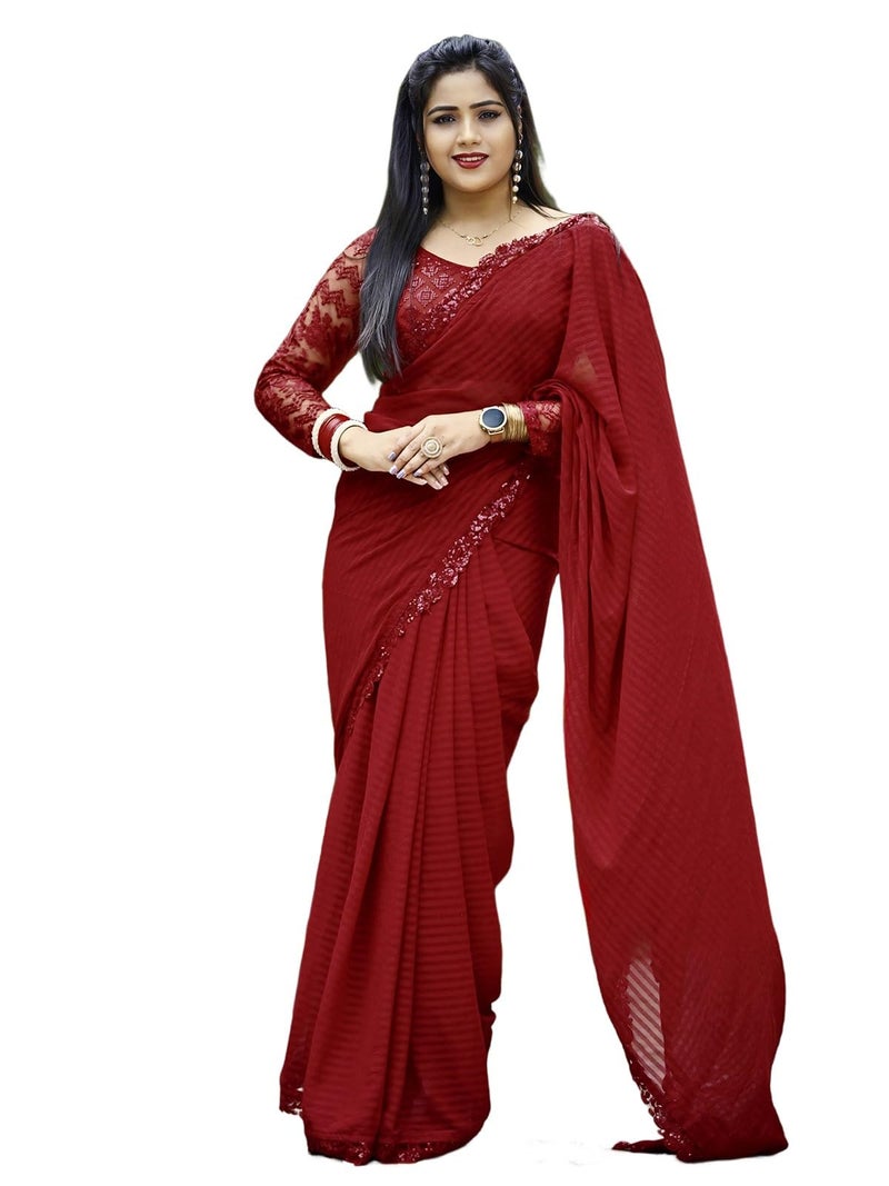Satrani Women's Georgette Self Woven & Lace Work Saree with Unstitched Blouse Piece (2992S2671_Red) - Image 1