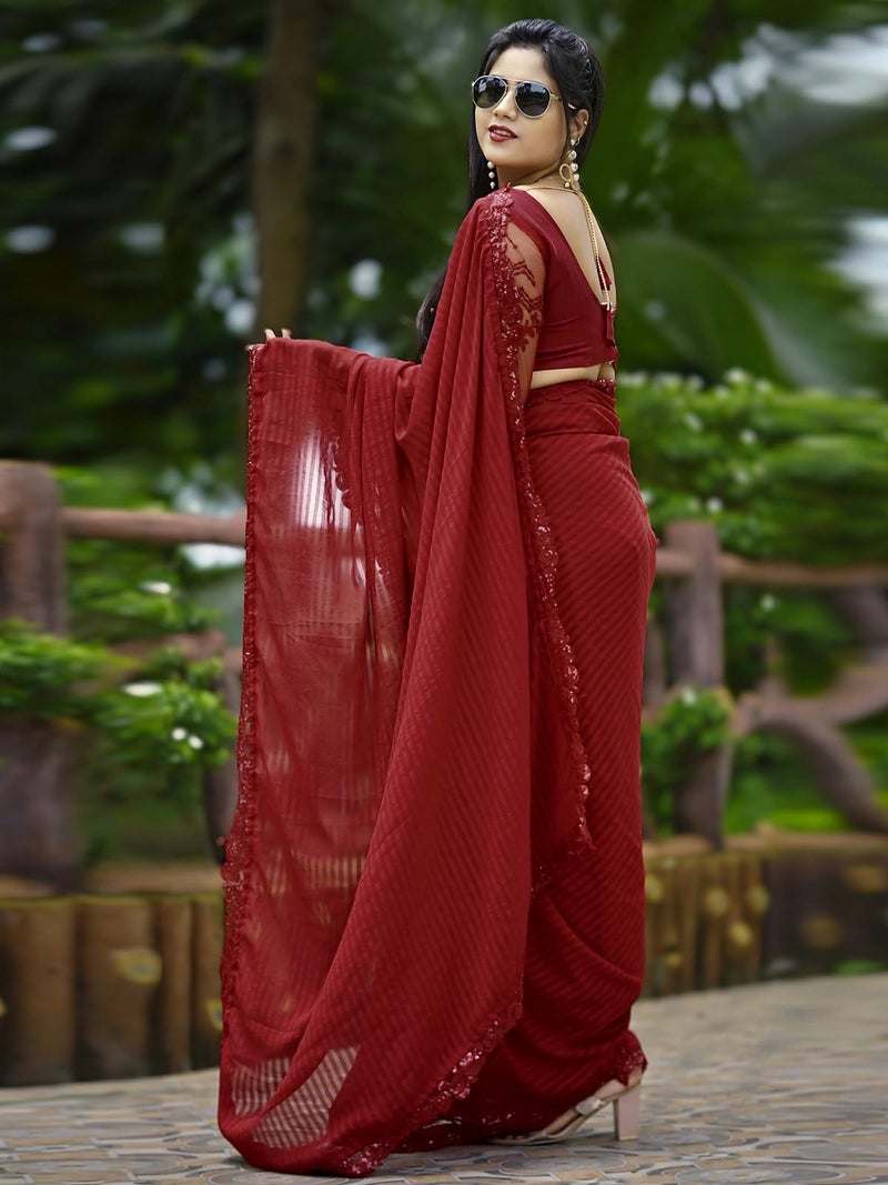 Satrani Women's Georgette Self Woven & Lace Work Saree with Unstitched Blouse Piece (2992S2671_Red) - Image 3