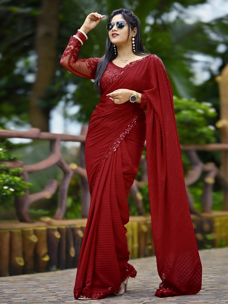 Satrani Women's Georgette Self Woven & Lace Work Saree with Unstitched Blouse Piece (2992S2671_Red) - Image 2