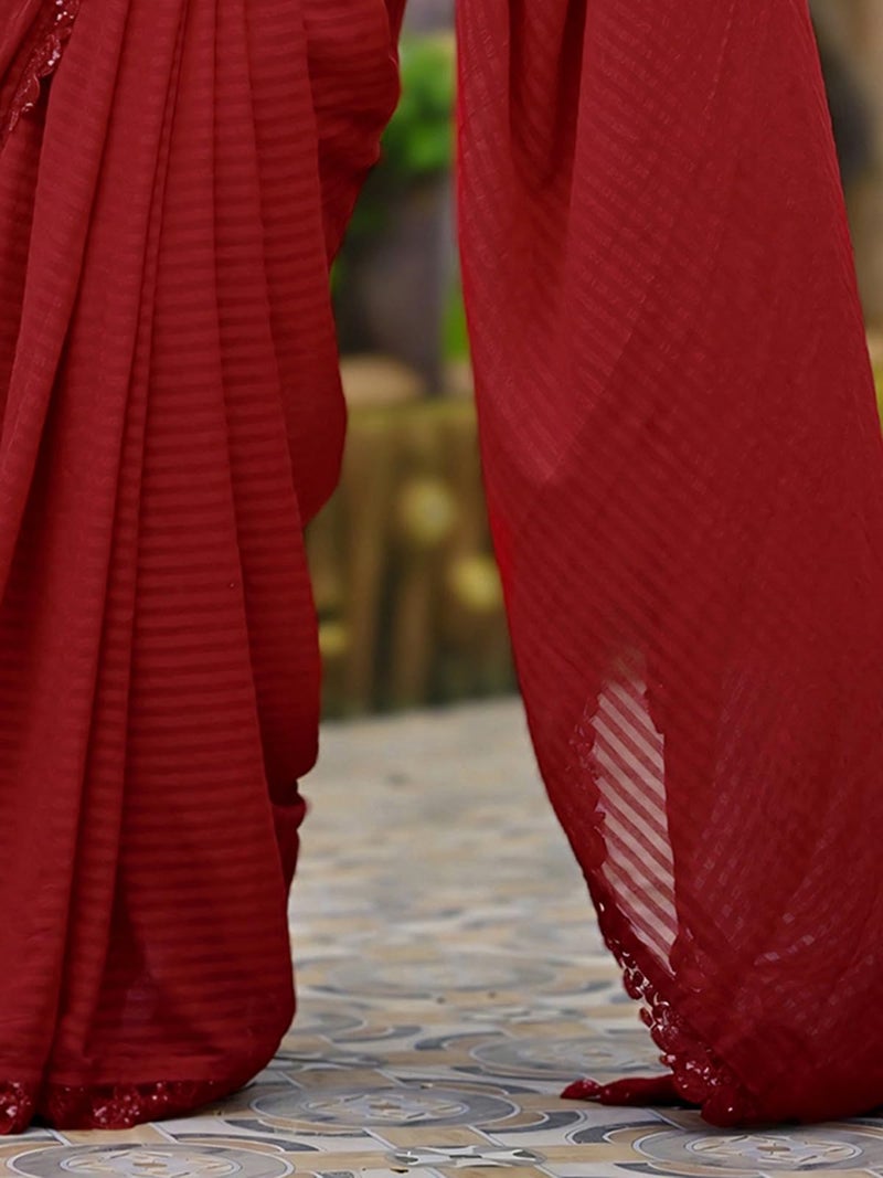 Satrani Women's Georgette Self Woven & Lace Work Saree with Unstitched Blouse Piece (2992S2671_Red) - Image 5