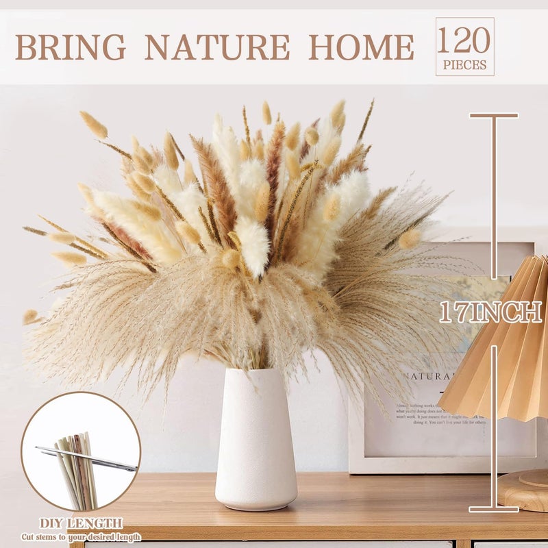 ROROUNE Dried Pampas Grass Decor - 120 Pcs Dried Flowers for Vase Pompas Grass, 17" Natural Dried Flowers Reed Pampass Grass, Fluffy Pampas Grass for Wedding Boho Decor - Image 3