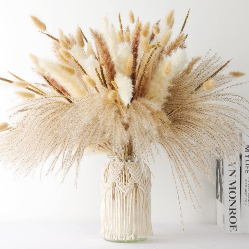 ROROUNE Dried Pampas Grass Decor - 120 Pcs Dried Flowers for Vase Pompas Grass, 17" Natural Dried Flowers Reed Pampass Grass, Fluffy Pampas Grass for Wedding Boho Decor - Image 1