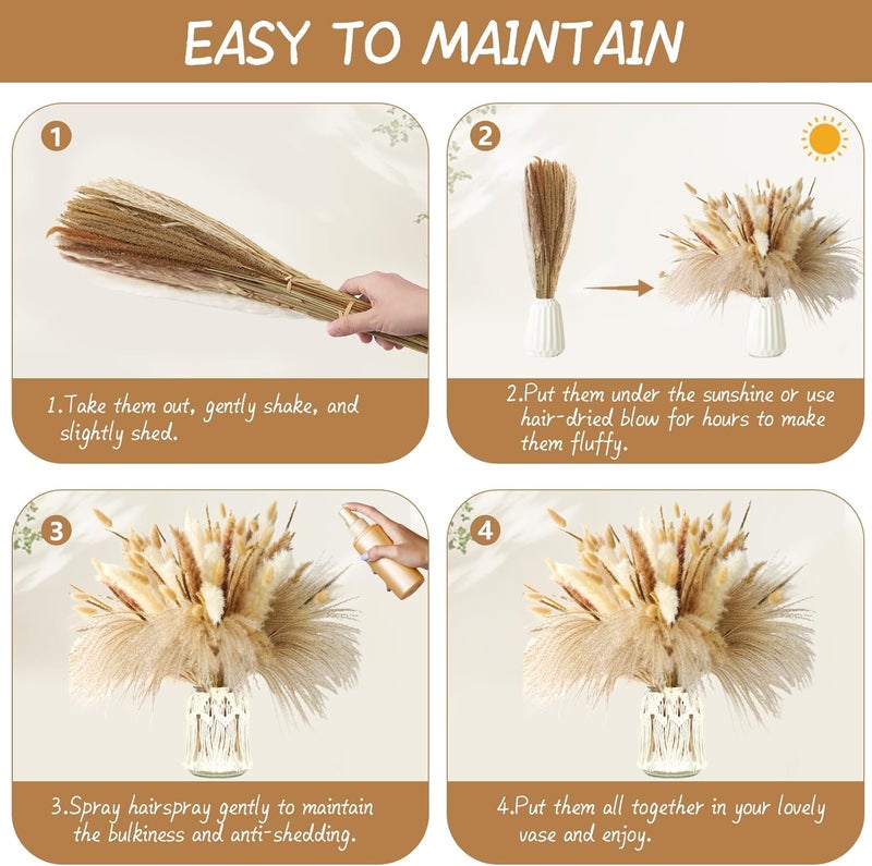 ROROUNE Dried Pampas Grass Decor - 120 Pcs Dried Flowers for Vase Pompas Grass, 17" Natural Dried Flowers Reed Pampass Grass, Fluffy Pampas Grass for Wedding Boho Decor - Image 5