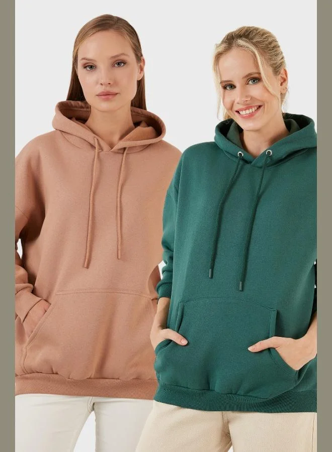 ليلا ليلا قطن بقصة عادية بياقة بغطاء رأس شتوية عبوتين سويت شيرت نسائي