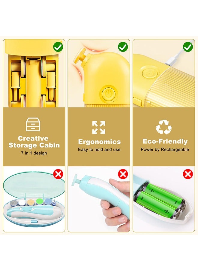 Baby Electric Nail Trimmer, 7 Safe Grinding Heads Nail File Kit, Rechargeable Safe Nail File for Baby Newborn Infant Toddler Kids or Adults Toes Fingernails (Yellow) - Image 5