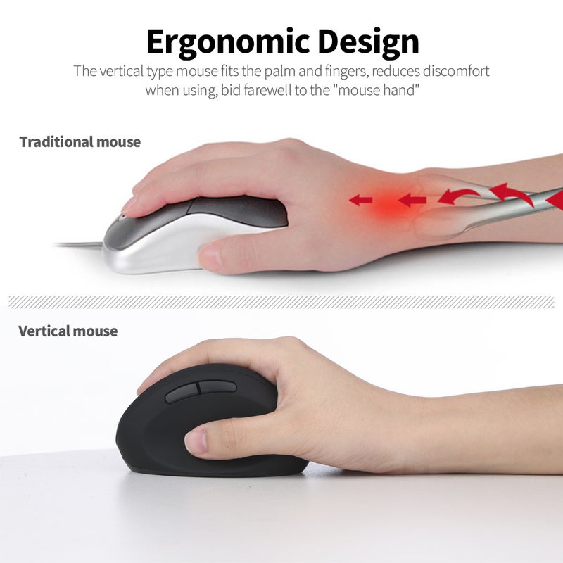 فأرة مكتب مطبعة 2.4G لاسلكية عمودية بمواجهةergonomica و 6 مفاتيح، وثقل DPI قابل للتعديل بثلاث ملامح، وبطارية ليثيوم مدمجة بسعة 400 مللي أمبير ساعة، باللون الأسود - Image 3